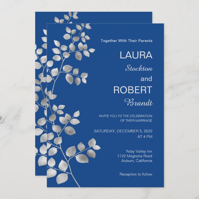 Modern Silver Floral Wedding Invitation (Front/Back)