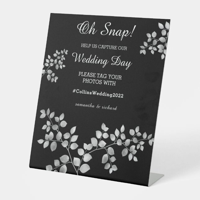 Modern Silver Floral Wedding Pedestal Sign (Front)