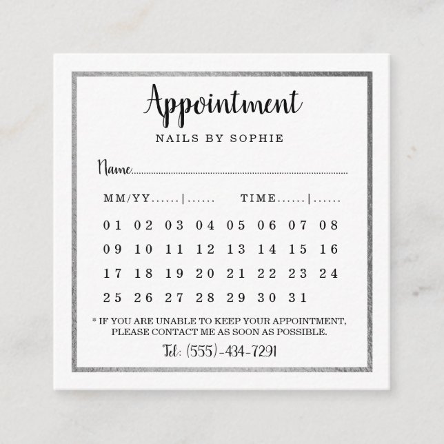 Modern Silver Foil Calendar Appointment Cards (Front)