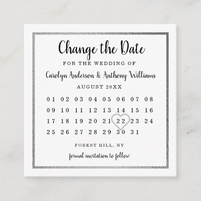 Modern Silver Foil Calendar Change The Date Enclosure Card (Front)