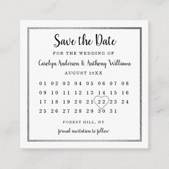 Modern Silver Foil Calendar Save The Date Enclosure Card (Front)