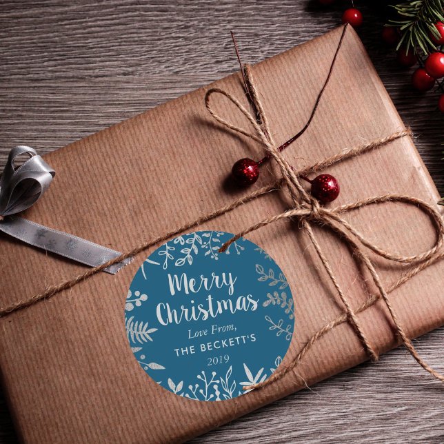 Modern Silver Foil Foliage Christmas Classic Round Sticker (Creator Uploaded)