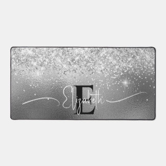 Modern Silver Foil Metal Silver Glitter Monogram Desk Mat