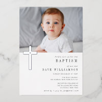 Modern silver foil photo baptism invitation