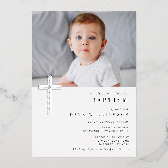 Modern silver foil photo baptism invitation (Front)