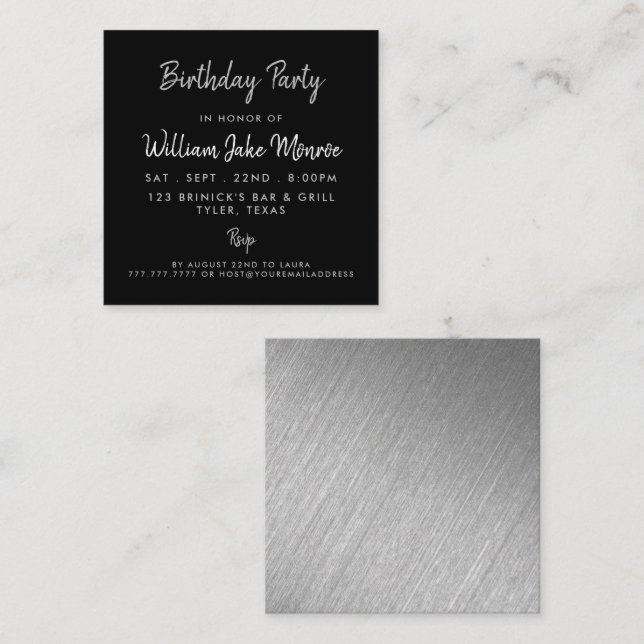 Modern Silver Foil & Script Birthday Party Ticket (Front/Back)