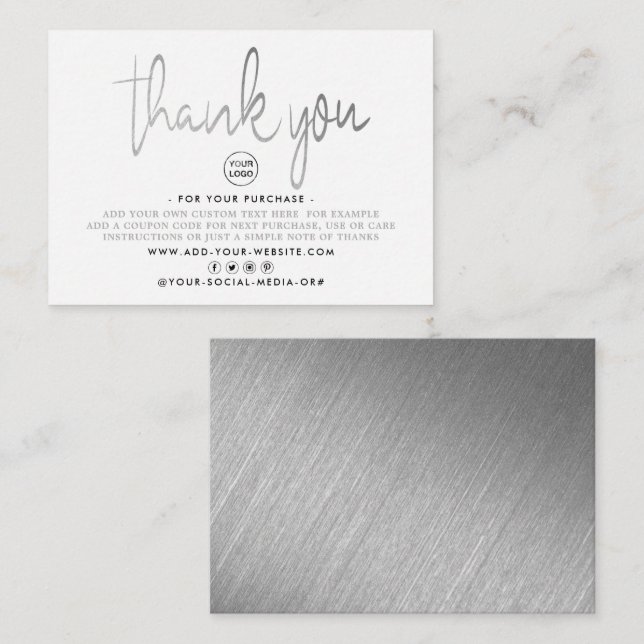 Modern Silver Foil Script Business Thank You Enclosure Card (Front/Back)