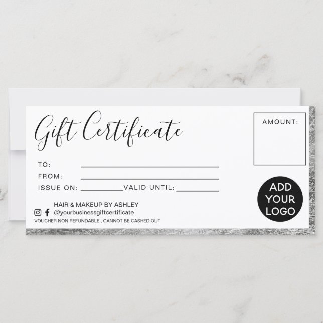 Modern silver foil simple gift certificate logo (Front)