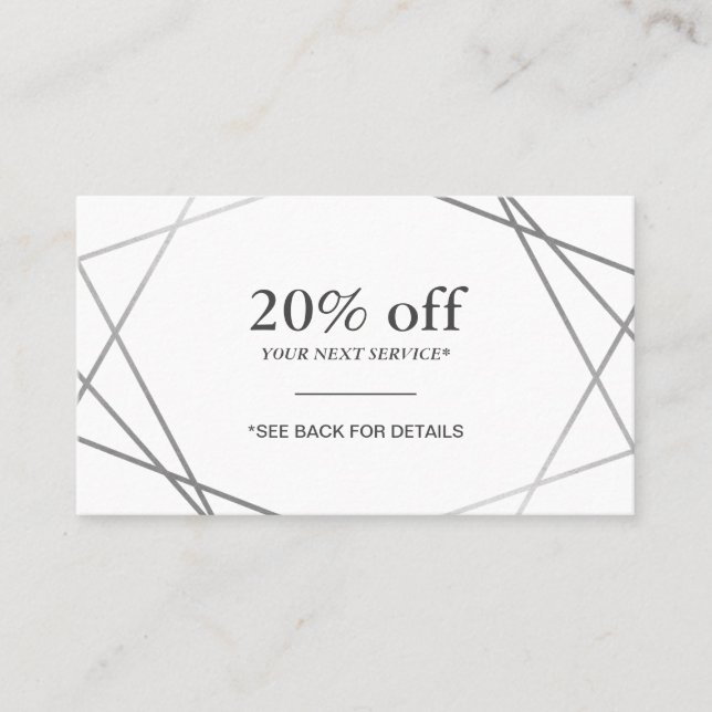 Modern Silver Geometric Pattern Discount Coupon Business Card (Front)