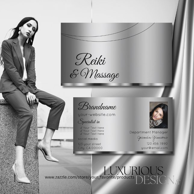Modern Silver Glamourous with Photo Professional Business Card (Creator Uploaded)