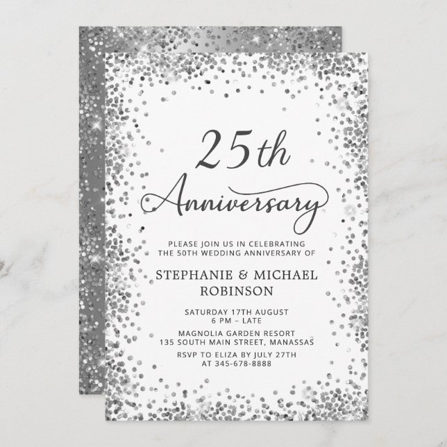 Modern Silver Glitter 25th Wedding Anniversary Invitation (Front/Back)