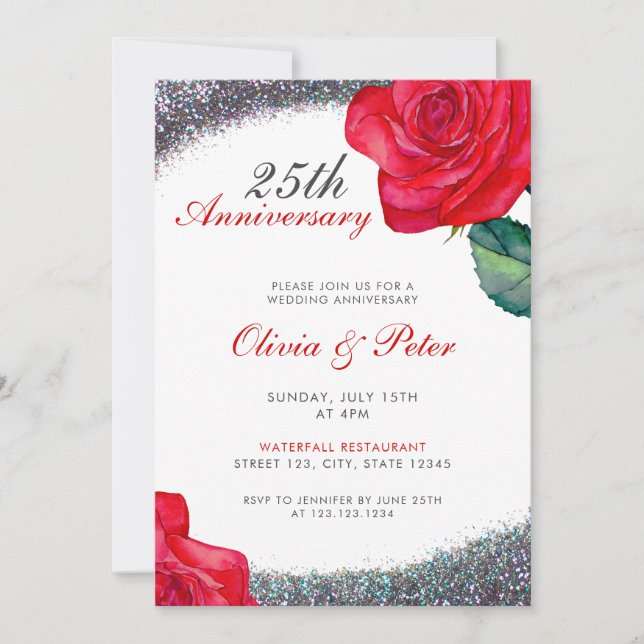 Modern Silver Glitter 25th Wedding Anniversary Invitation (Front)