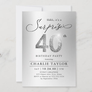 Modern silver glitter adult surprise 40th birthday invitation