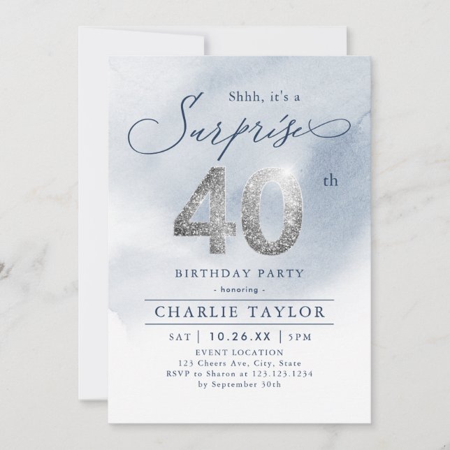 Modern silver glitter adult surprise 40th birthday invitation (Front)