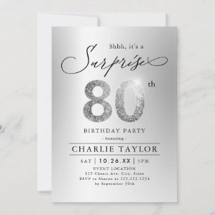Modern silver glitter adult surprise 80th birthday invitation
