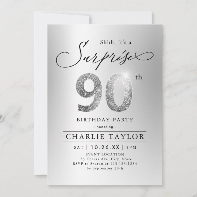 Modern silver glitter adult surprise 90th birthday invitation (Front)