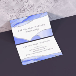 Modern Silver Glitter Agate Blue Watercolor Business Card