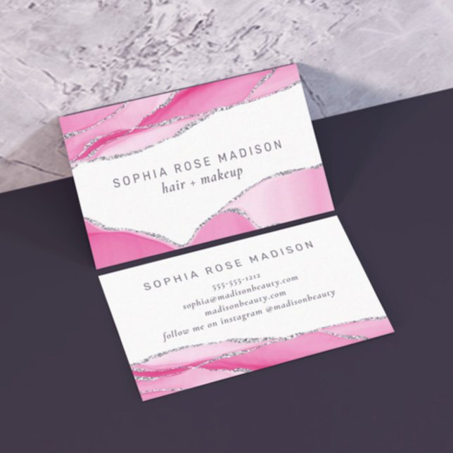Modern Silver Glitter Agate Pink Watercolor Business Card (Creator Uploaded)