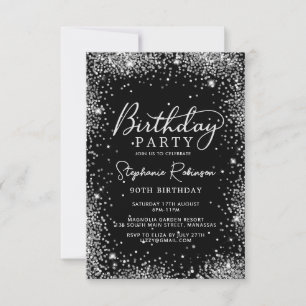 Modern Silver Glitter and Black 90th Birthday Invitation