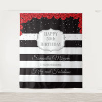 Modern silver glitter and red roses birthday