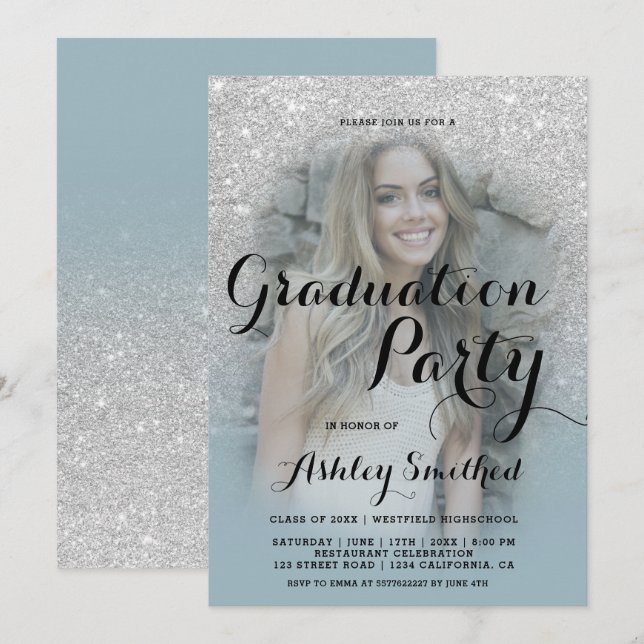 Modern silver glitter blue ombre photo graduation invitation (Front/Back)