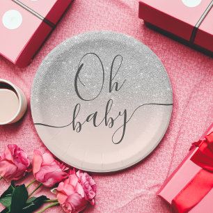 Modern silver glitter blush pink Oh Baby shower Paper Plate