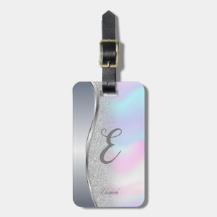 Modern Silver Glitter Bokeh,Holographic, Monogram Luggage Tag