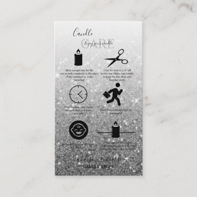 Modern Silver Glitter Candle Care Business Card (Front)