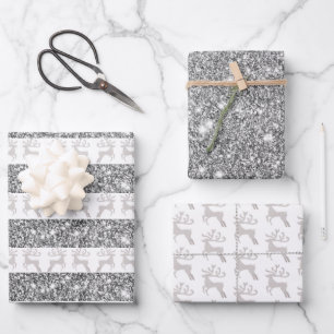 Modern Silver Glitter Christmas Reindeer  Wrapping Paper Sheet