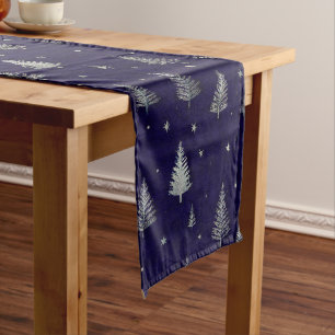 Modern Silver Glitter Christmas trees on blue Short Table Runner