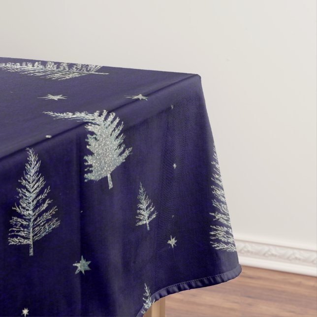 Modern Silver Glitter Christmas trees on blue Tablecloth (In Situ)