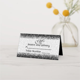 Modern Silver Glitter Confetti on Black Place Card