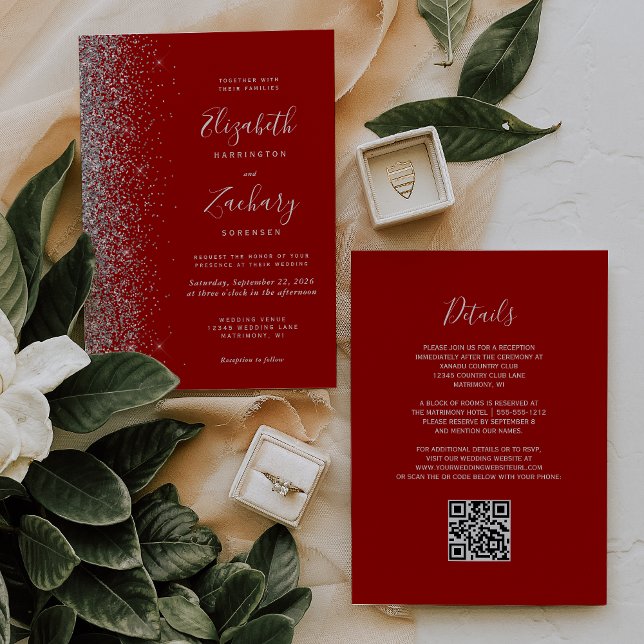 Modern Silver Glitter Crimson Red QR Code Wedding Invitation (Creator Uploaded)