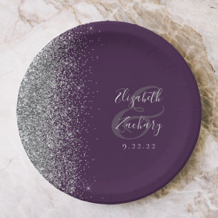 Modern Silver Glitter Dark Purple Wedding Paper Plate