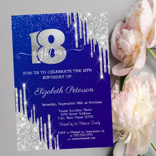 Modern Silver Glitter Drips Blue 18th Birthday Invitation