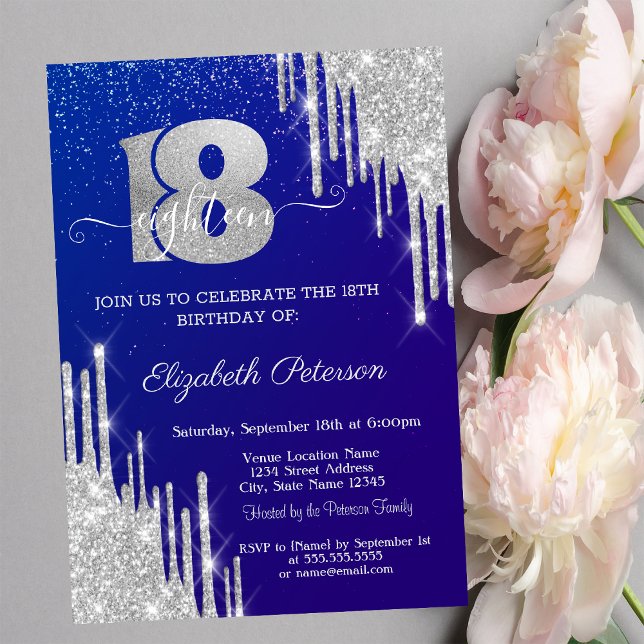 Modern Silver Glitter Drips Blue 18th Birthday  Invitation (Creator Uploaded)