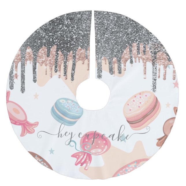Modern Silver Glitter Drips Candy Sweets  Brushed Polyester Tree Skirt (Front)