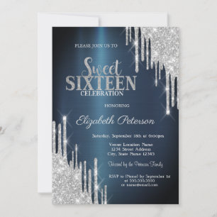 Modern Silver Glitter Drips Dark Blue Sweet 16 Invitation