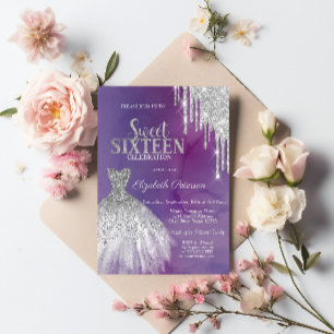 Modern Silver Glitter Drips,Dress Violet Sweet 16 Invitation