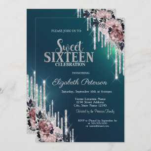 Modern Silver Glitter Drips Flowers Sweet 16  Invitation