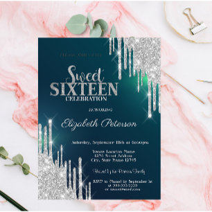 Modern Silver Glitter Drips Green Sweet 16 Invitation