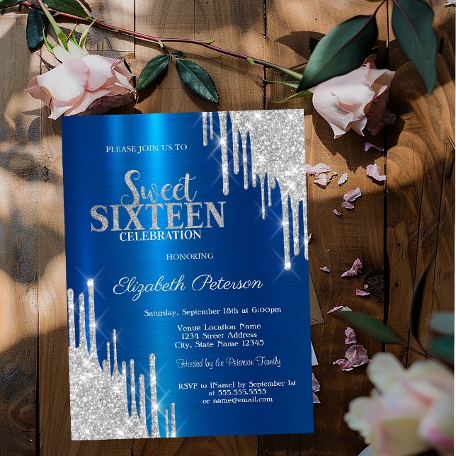 Modern Silver Glitter Drips Metallic Blue Sweet 16 Invitation (Creator Uploaded)