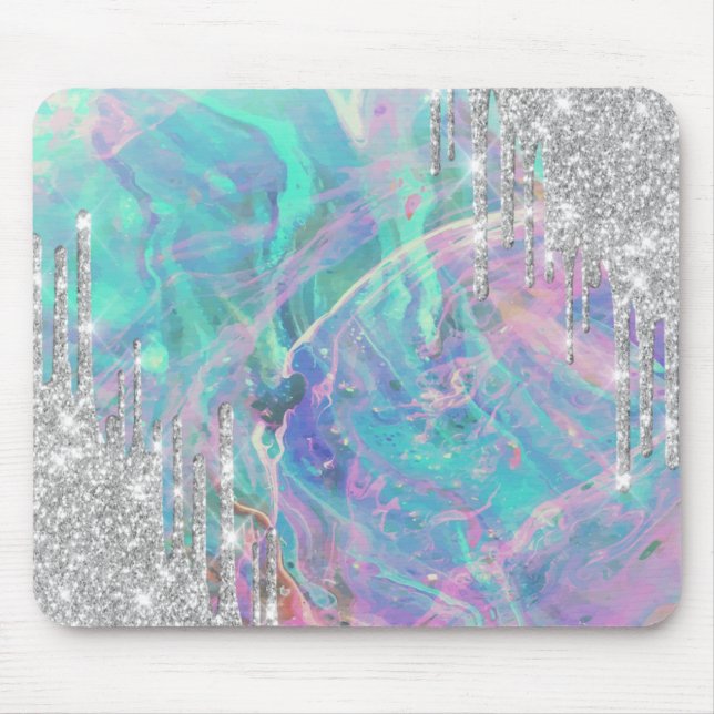 Modern Silver Glitter Drips Opal Mouse Pad (Front)