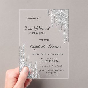 Modern Silver Glitter Drips Rose Gold Bar Mitzvah Acrylic Invitations