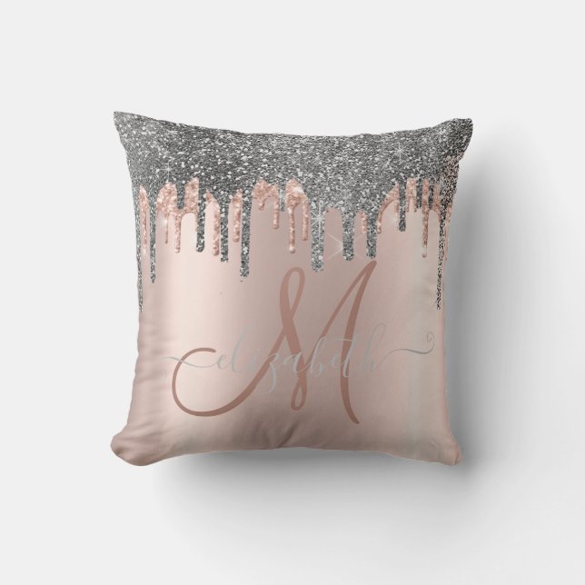 Modern Silver Glitter Drips Rose Gold  Monogram Cushion (Front)
