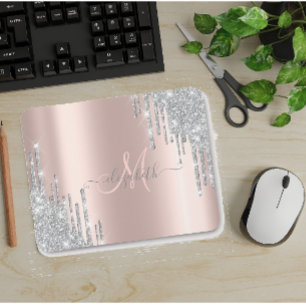 Modern Silver Glitter Drips Rose Gold Monogram Mouse Pad