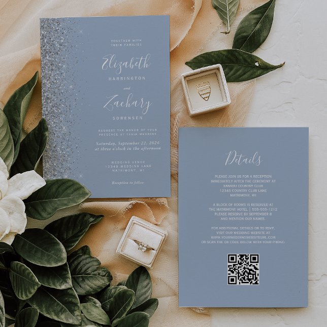 Modern Silver Glitter Dusty Blue QR Code Wedding Invitation (Creator Uploaded)