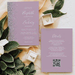 Modern Silver Glitter Dusty Lilac QR Code Wedding Invitation