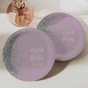 Modern Silver Glitter Dusty Lilac Wedding Paper Plate