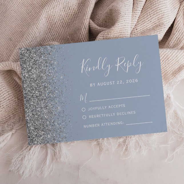 Modern Silver Glitter Edge Dusty Blue RSVP Card (Creator Uploaded)